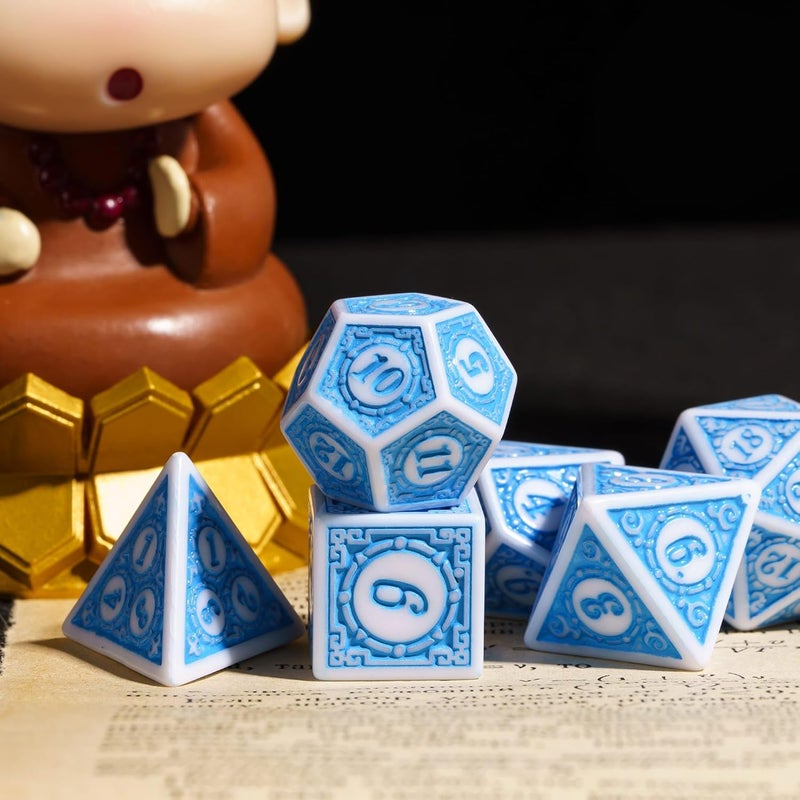 Poludie 7PCs DND Dice Set, Unique Window Lattice Pattern D&D Dice Set with Leather Die Bag, Polyhedral Die for RPG Table Games (Blue/White) - Image 4